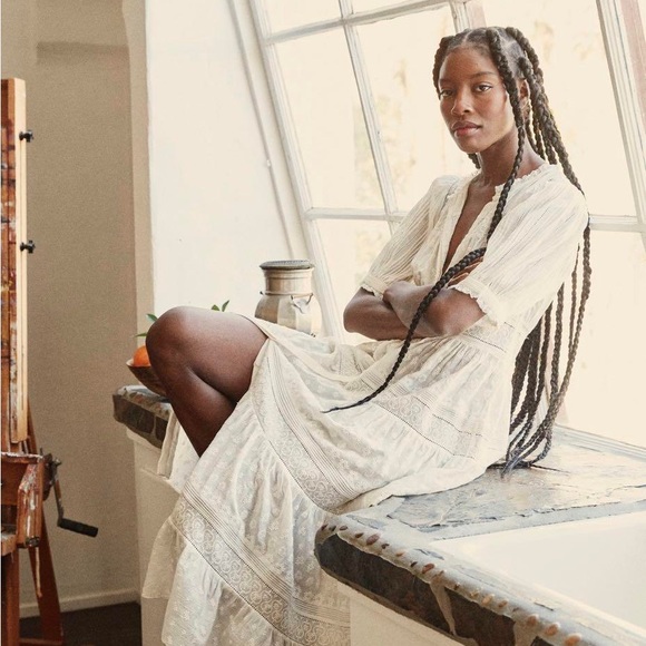 Doen Sz Large Rolande Tiered Embroidered Organic Cotton-Voile Midi Dress in Salt - Picture 2 of 16